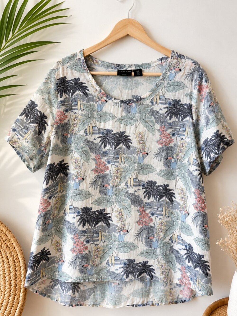 Tahari 100% Linen Tropical Print Blouse | Size 1X